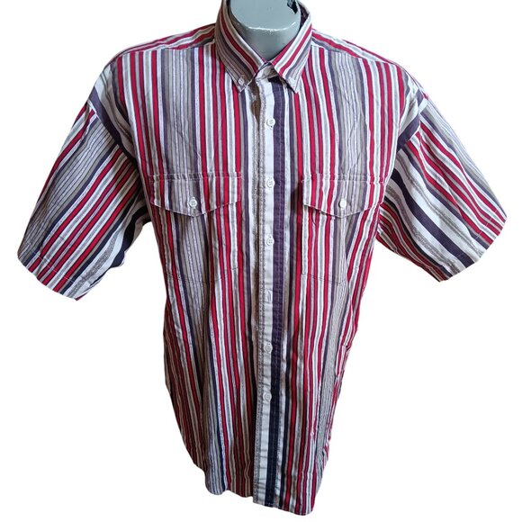 Large Vintage Western Shirt Panhandle Slim Striped Short-Sleeve Red/White/Purple - Picture 2 of 6